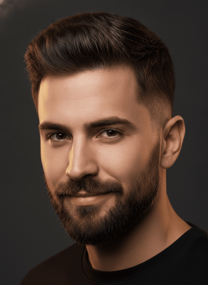 Derselbe Kunde nach dem Termin mit Mid Fade und konturiertem Bart