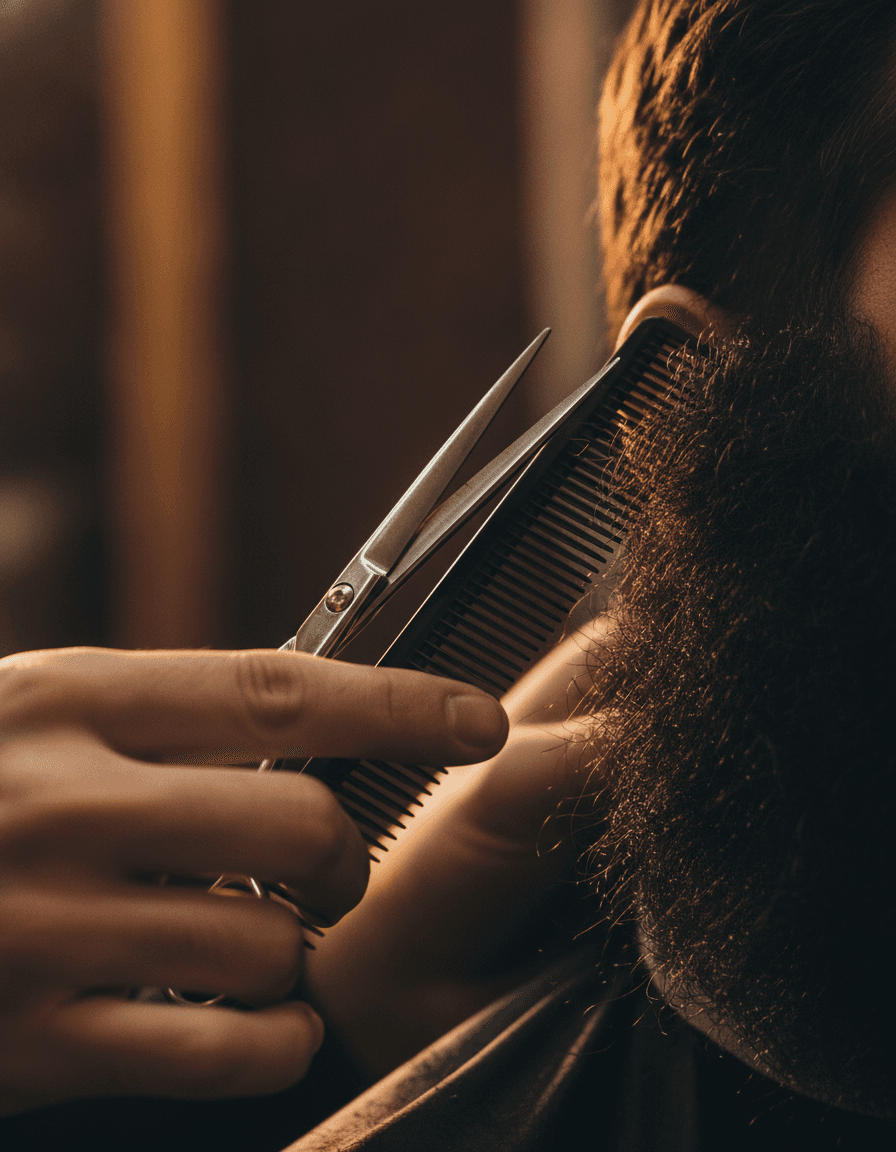 Barbier bringt einen Vollbart mit Schere und Kamm in Form
