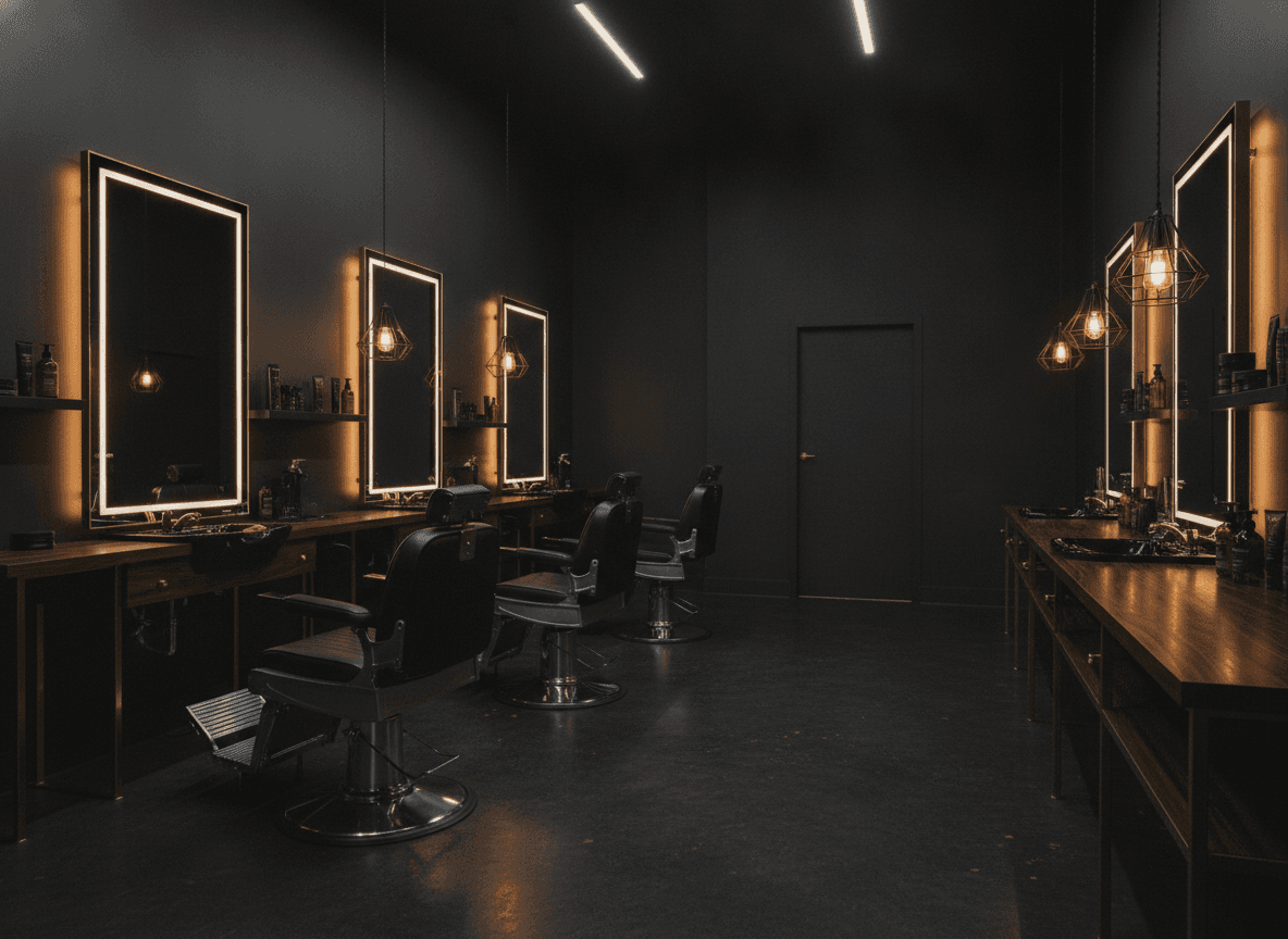 Innenraum des Blade und Fade Barbershops mit Lederstühlen und warmem Licht
